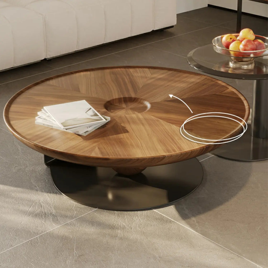 Tray Top Wood Walnut Abstract Base Round Coffee Table
