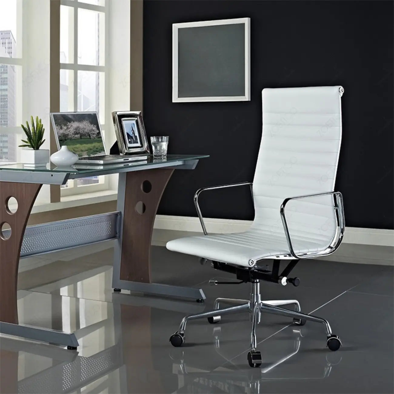 Beige Leather Adjustable High-Back Swivel Office Chair