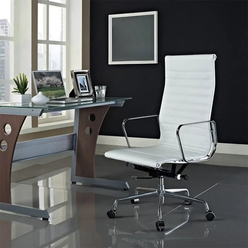 Beige Leather Adjustable High-Back Swivel Office Chair
