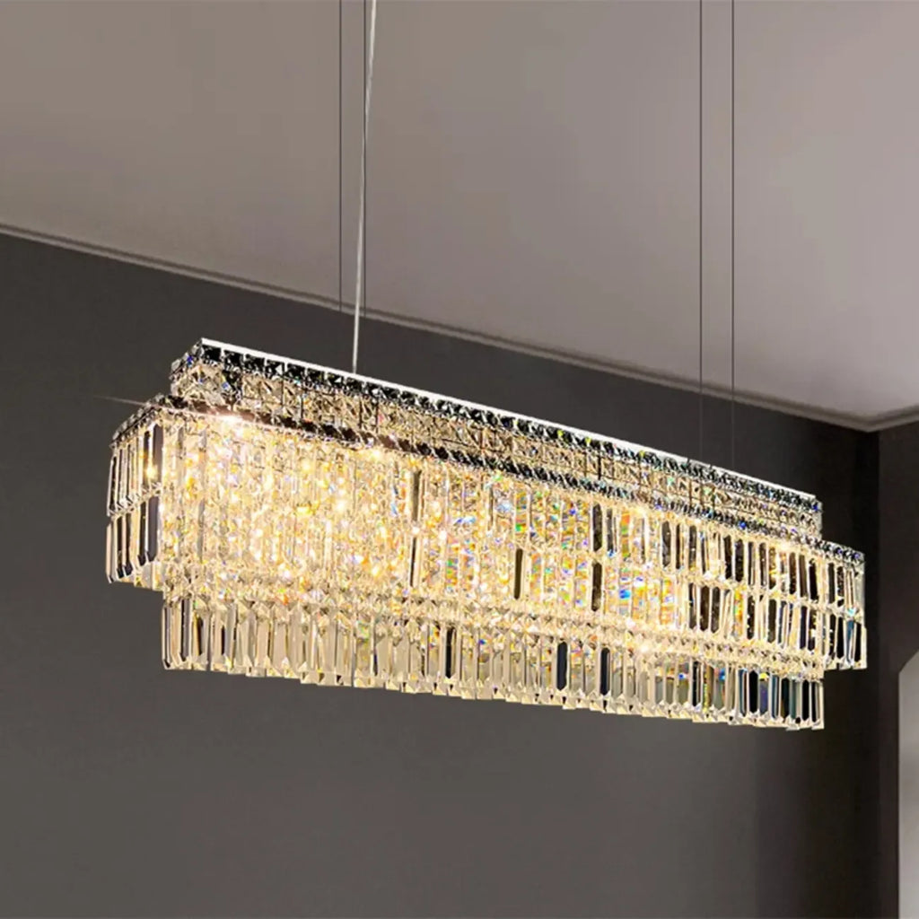 Modern Rectangle 2-Tier Crystal Island Pendant Light for Kitchen