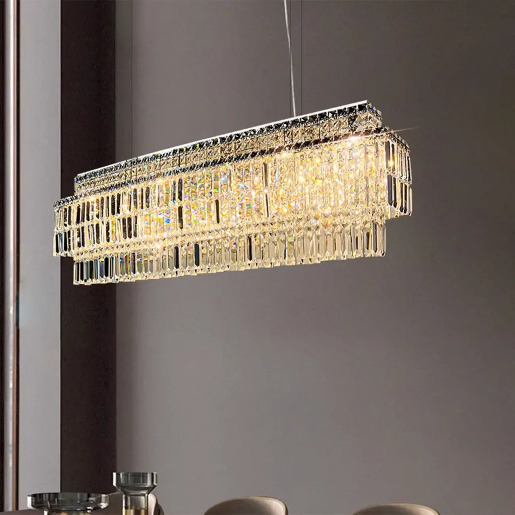 Modern Rectangle 2-Tier Crystal Island Pendant Light for Kitchen