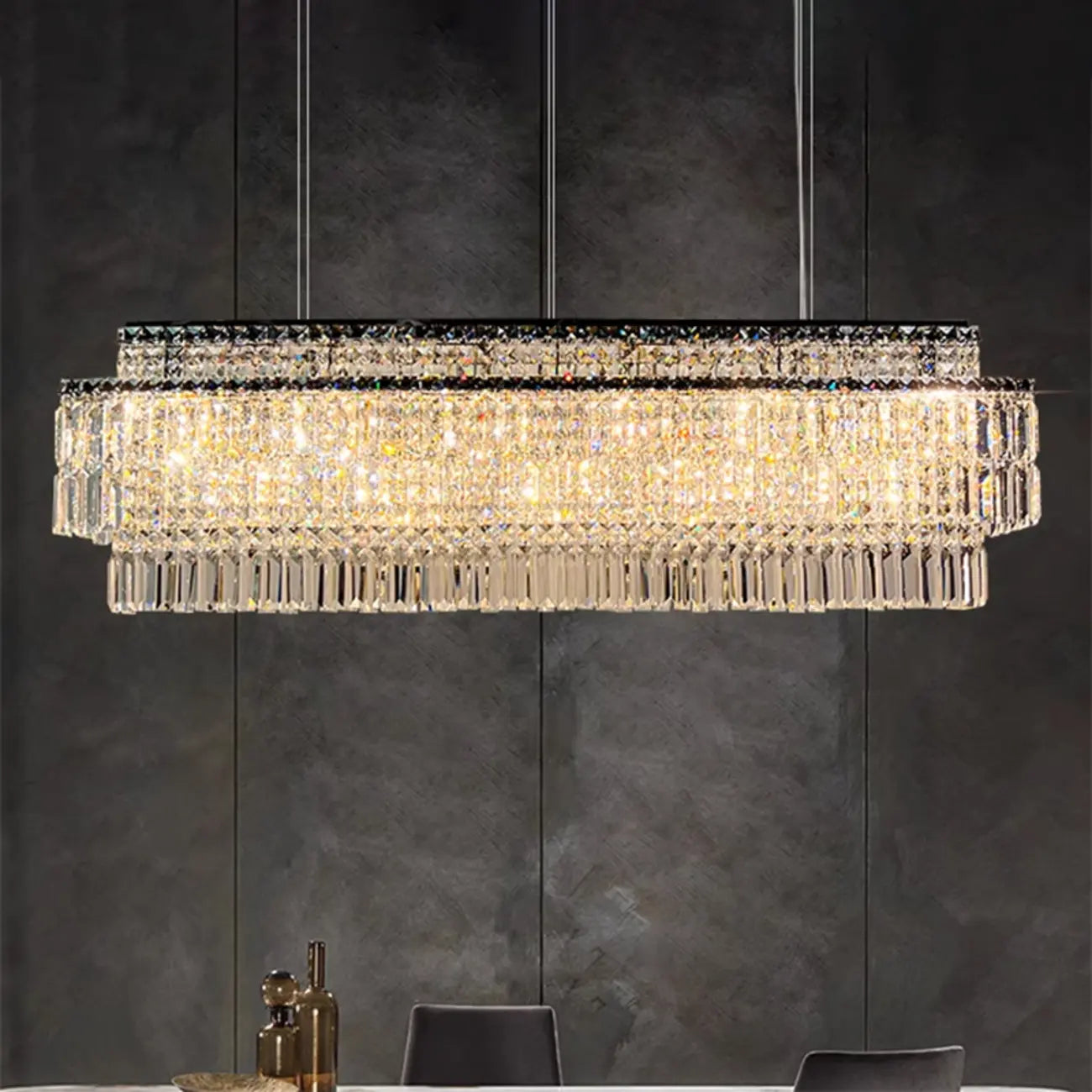 Modern Rectangle 2-Tier Crystal Island Pendant Light for Kitchen