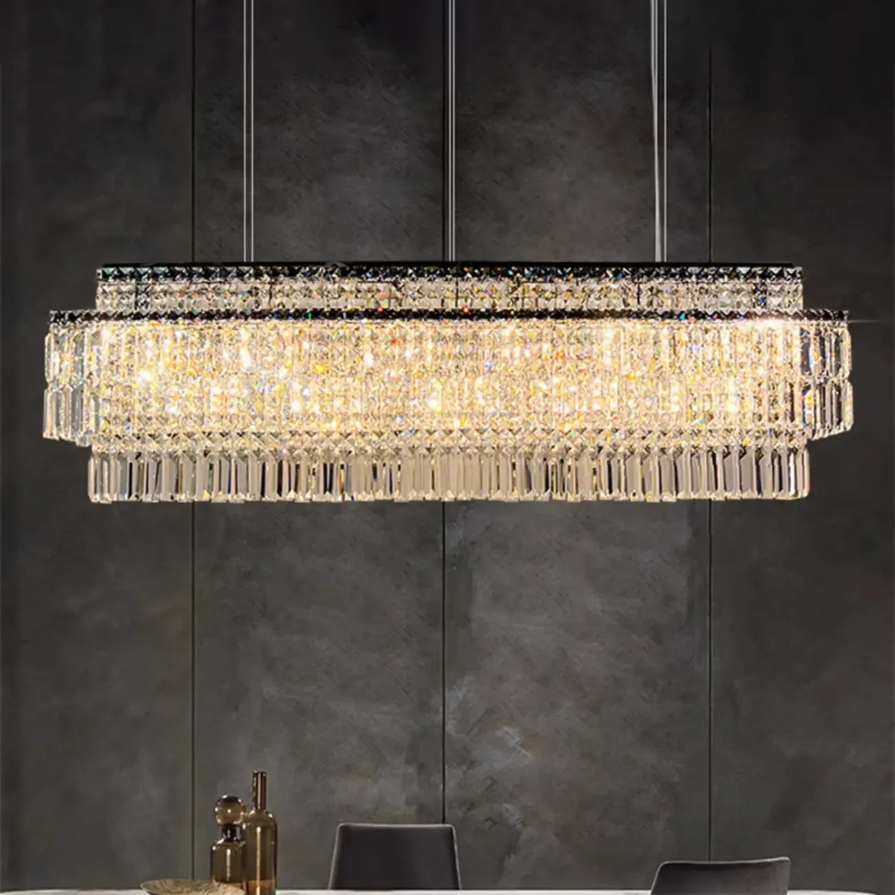 Modern Rectangle 2-Tier Crystal Island Pendant Light for Kitchen