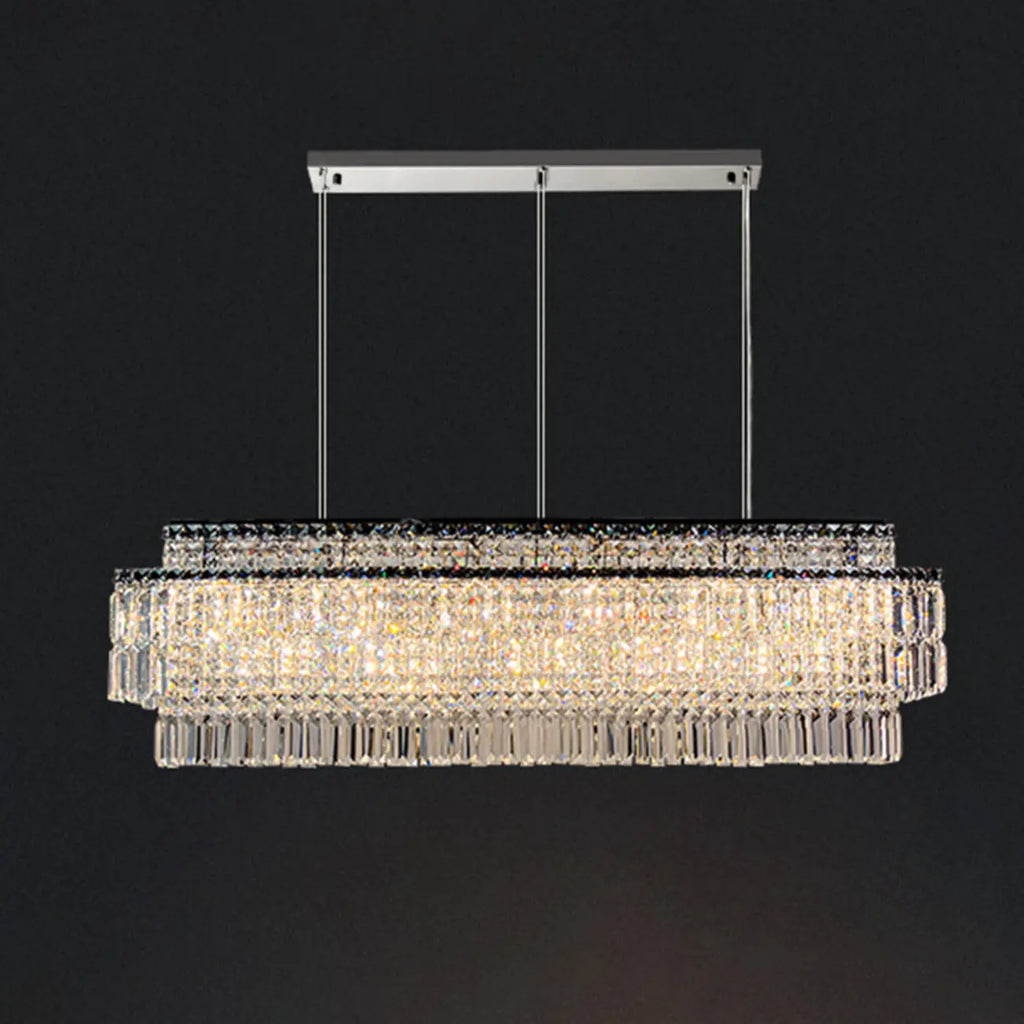 Modern Rectangle 2-Tier Crystal Island Pendant Light for Kitchen