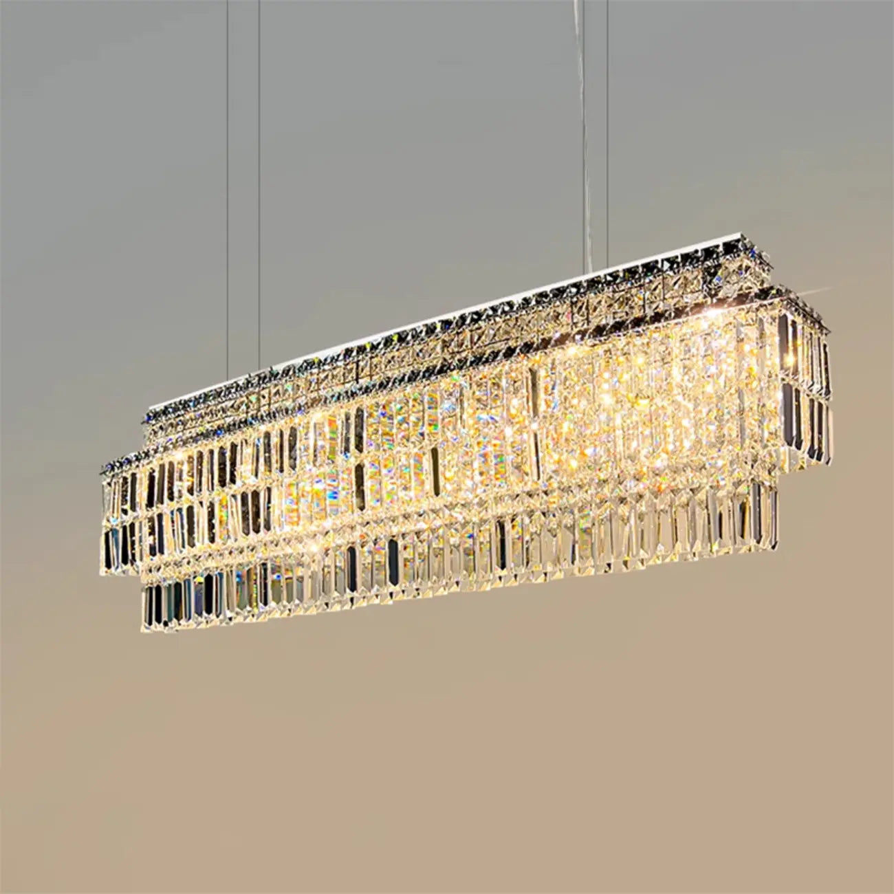 Modern Rectangle 2-Tier Crystal Island Pendant Light for Kitchen