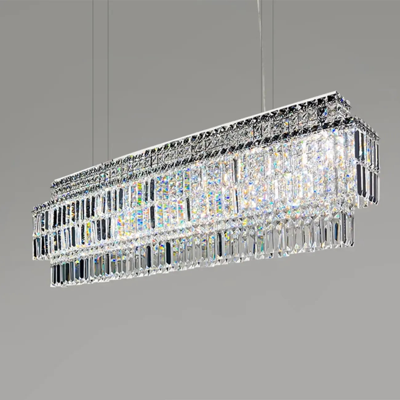 Modern Rectangle 2-Tier Crystal Island Pendant Light for Kitchen