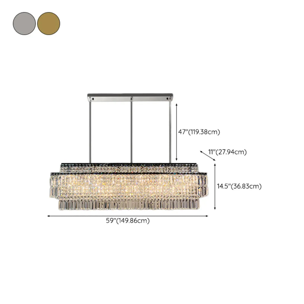 Modern Rectangle 2-Tier Crystal Island Pendant Light for Kitchen