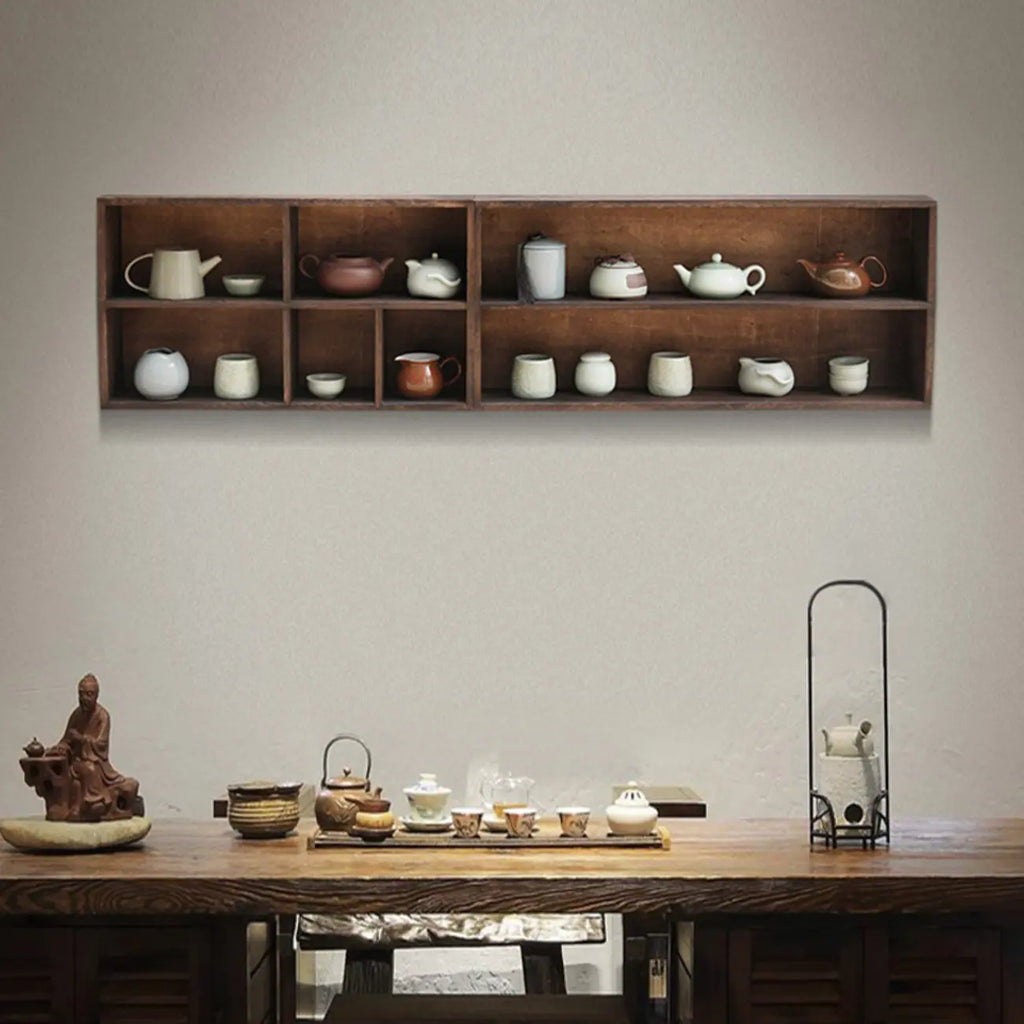 Traditional Long Brown Wood Wall Mount Open Display Cabinet