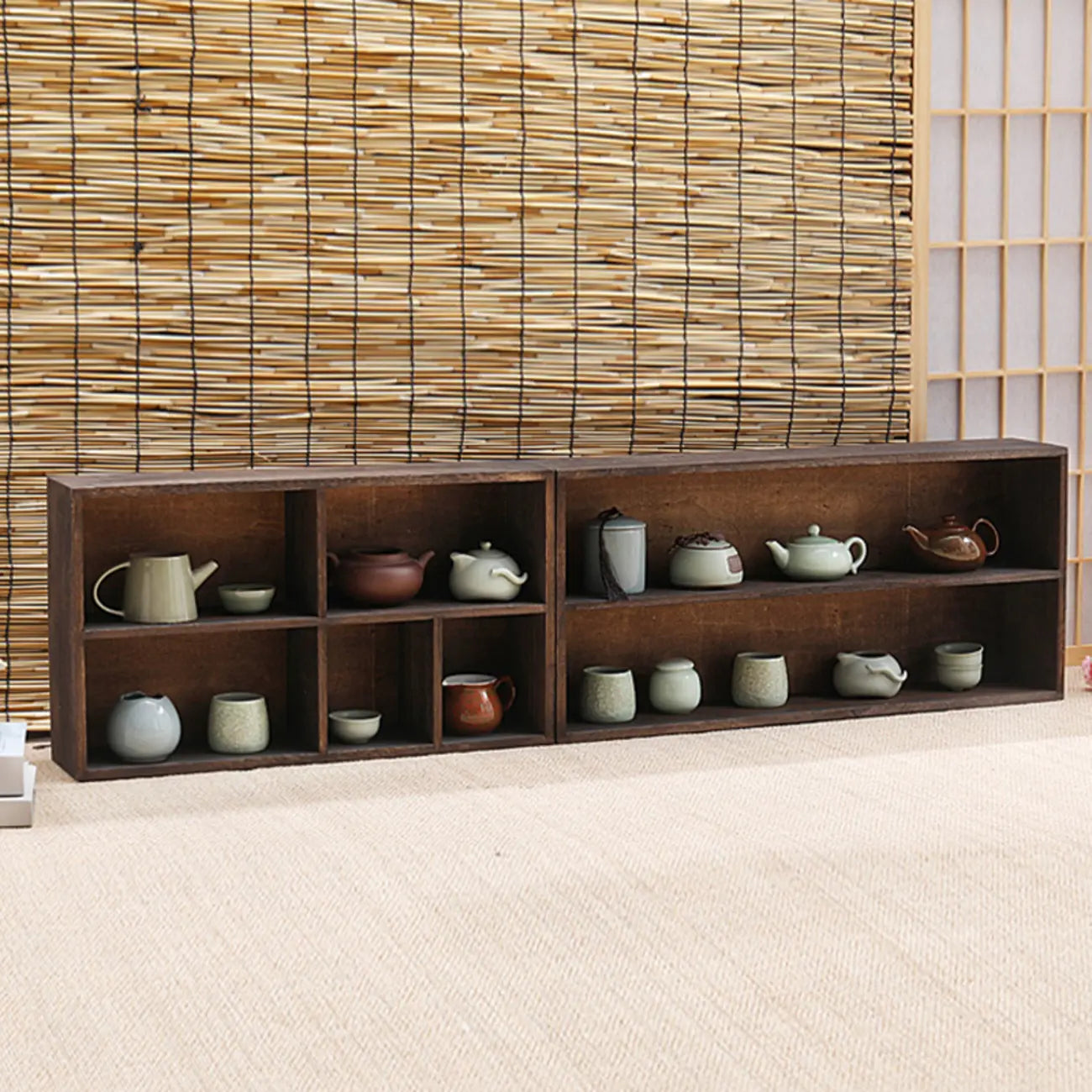 Traditional Long Brown Wood Wall Mount Open Display Cabinet