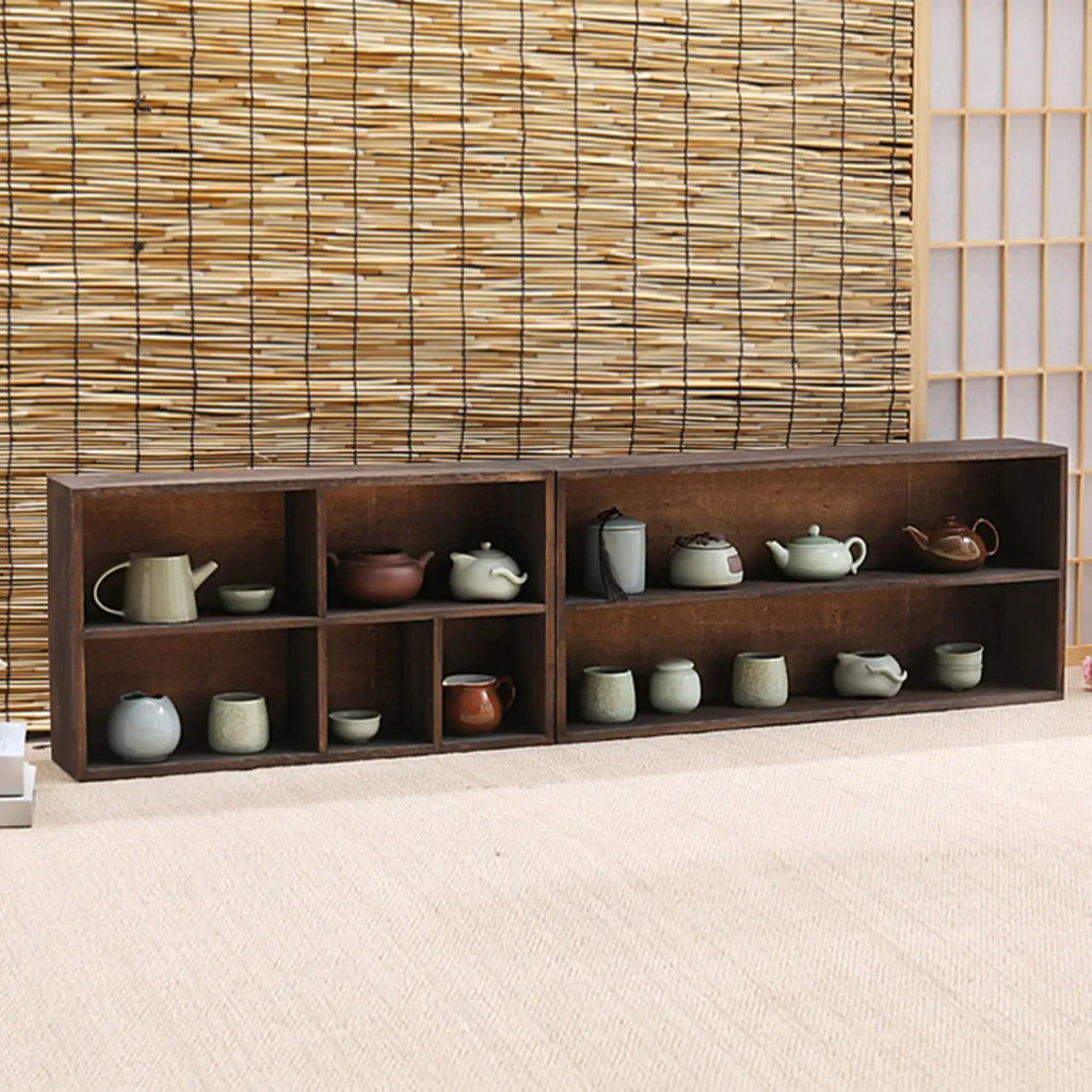 Traditional Long Brown Wood Wall Mount Open Display Cabinet