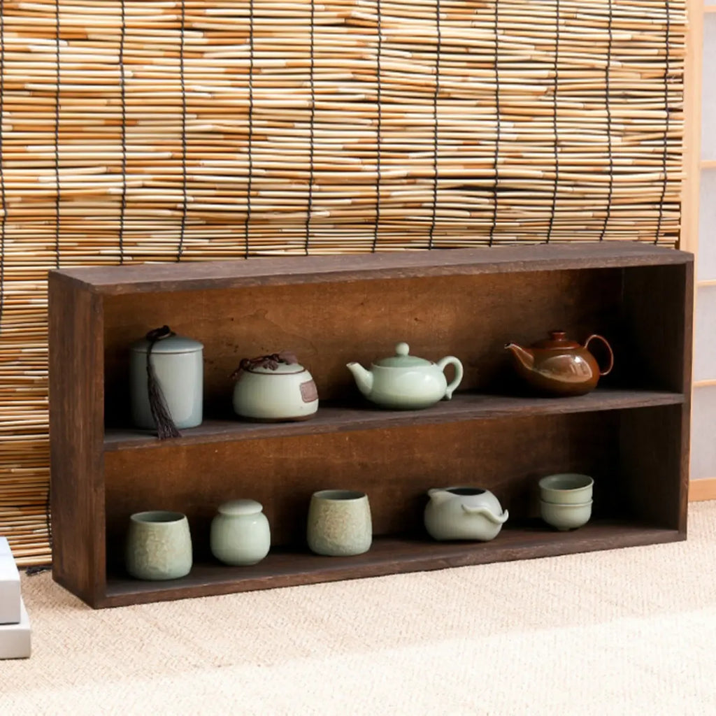 Traditional Long Brown Wood Wall Mount Open Display Cabinet