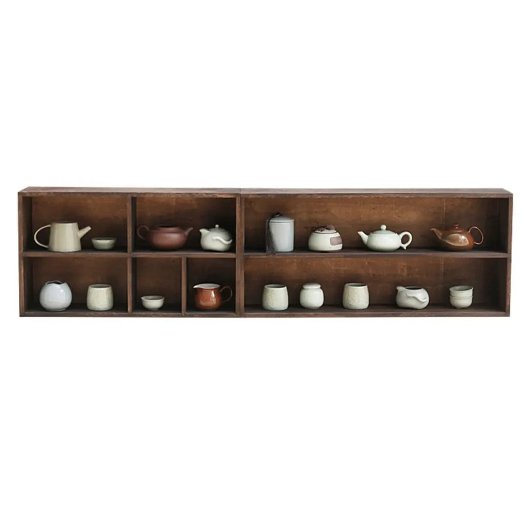 Traditional Long Brown Wood Wall Mount Open Display Cabinet