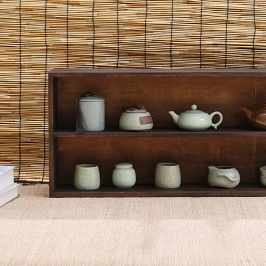 Traditional Long Brown Wood Wall Mount Open Display Cabinet