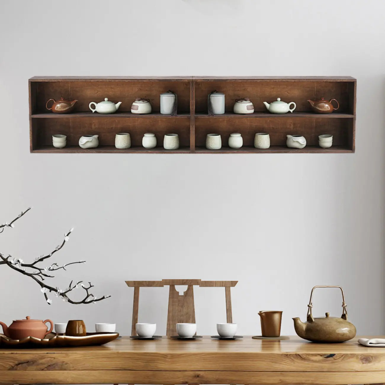 Traditional Long Brown Wood Wall Mount Open Display Cabinet