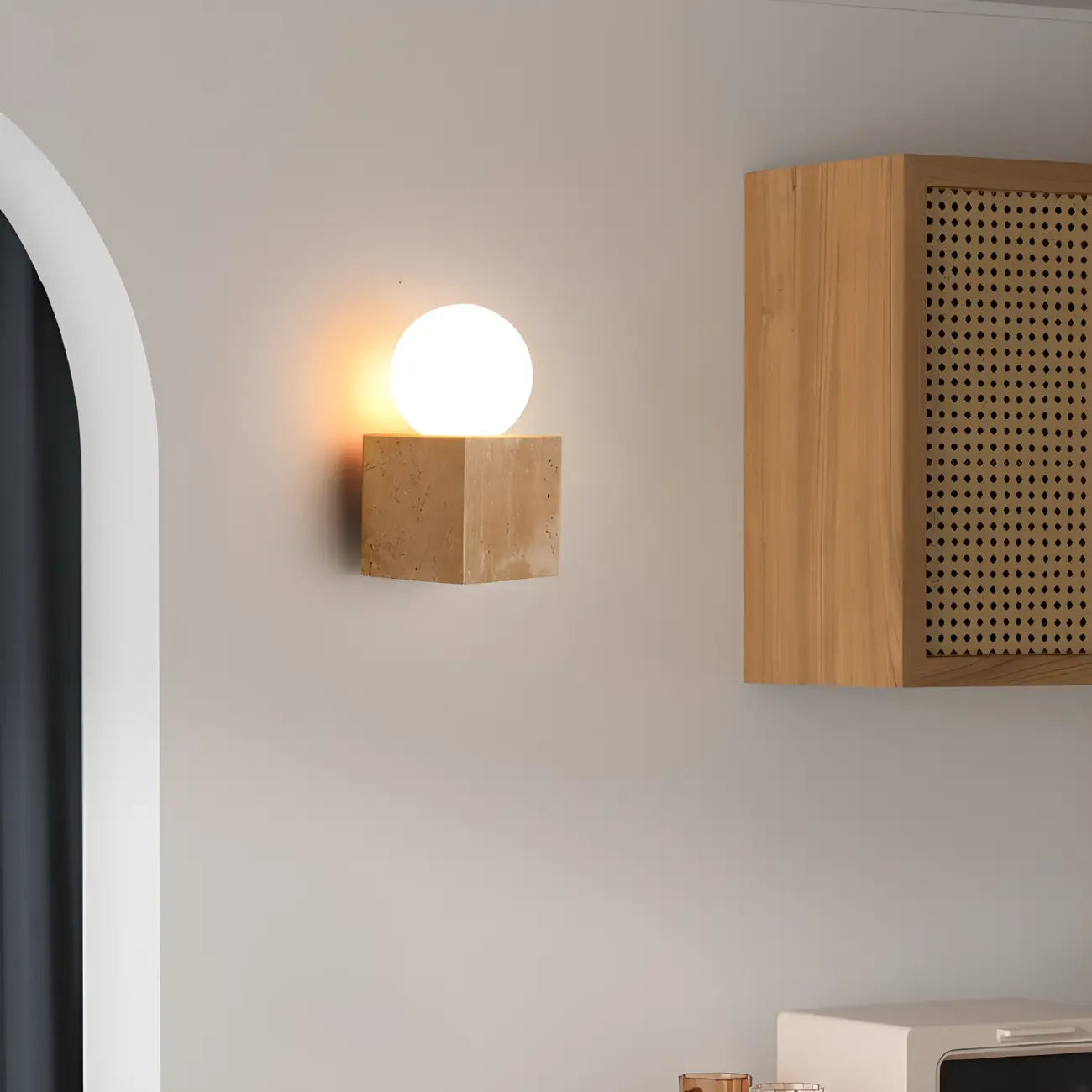 Modern Stone Beige Cube with Globe Wall Sconce