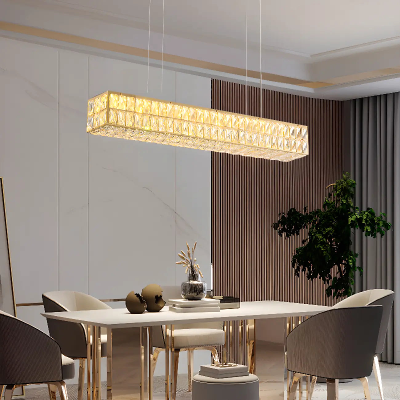 Rectangle Crystal Island Pendant Light Dimmable LED for Kitchen