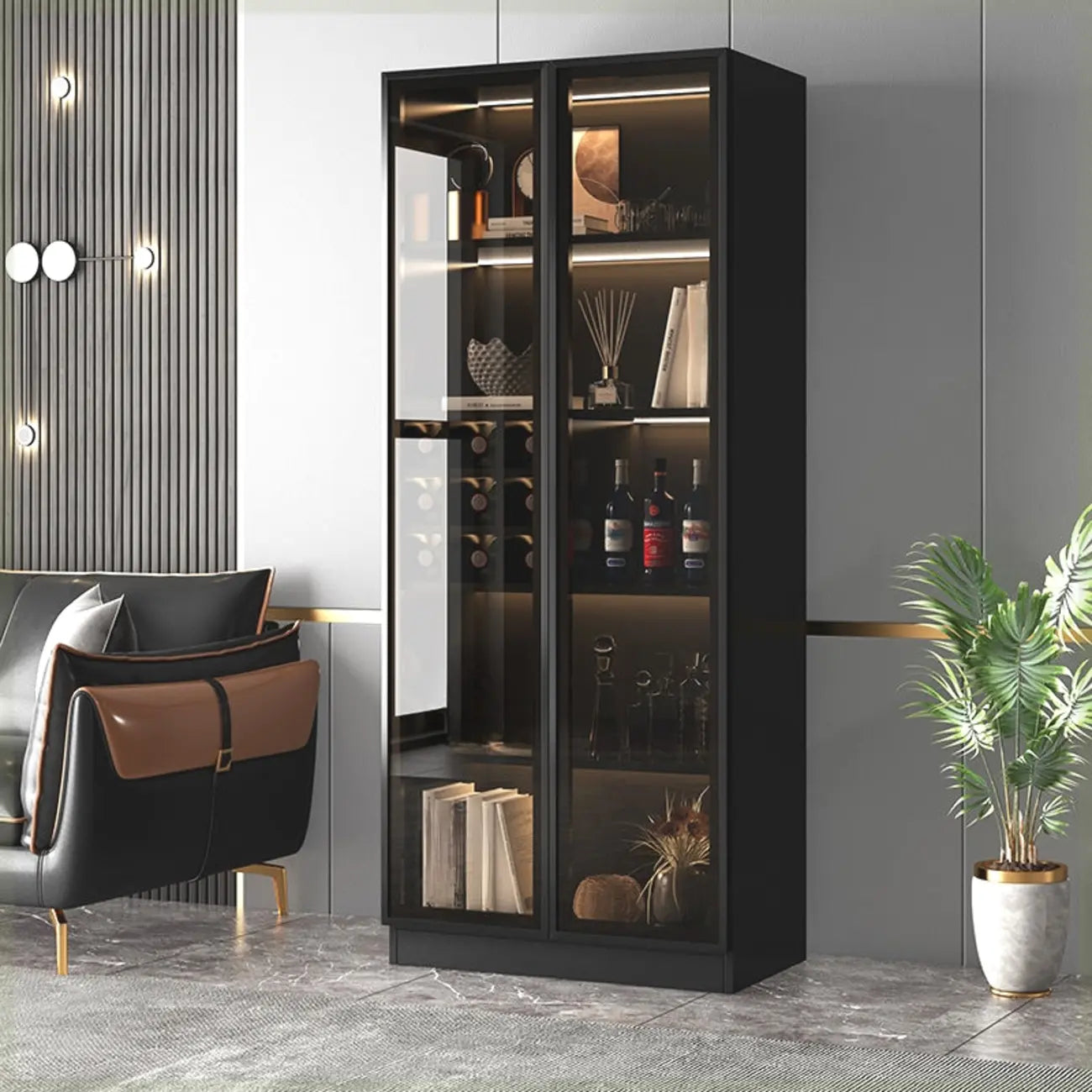 Large Modern Black Wood Wine Cabinet with Glass Doors