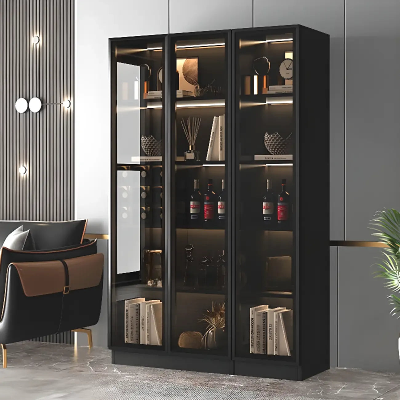 Large Modern Black Wood Wine Cabinet with Glass Doors