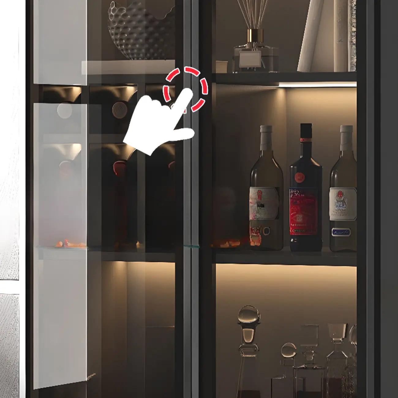 Large Modern Black Wood Wine Cabinet with Glass Doors