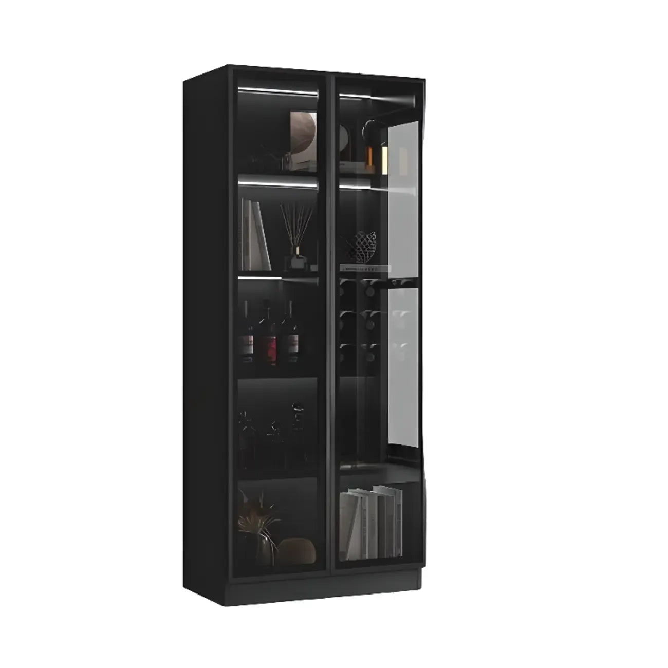 Large Modern Black Wood Wine Cabinet with Glass Doors