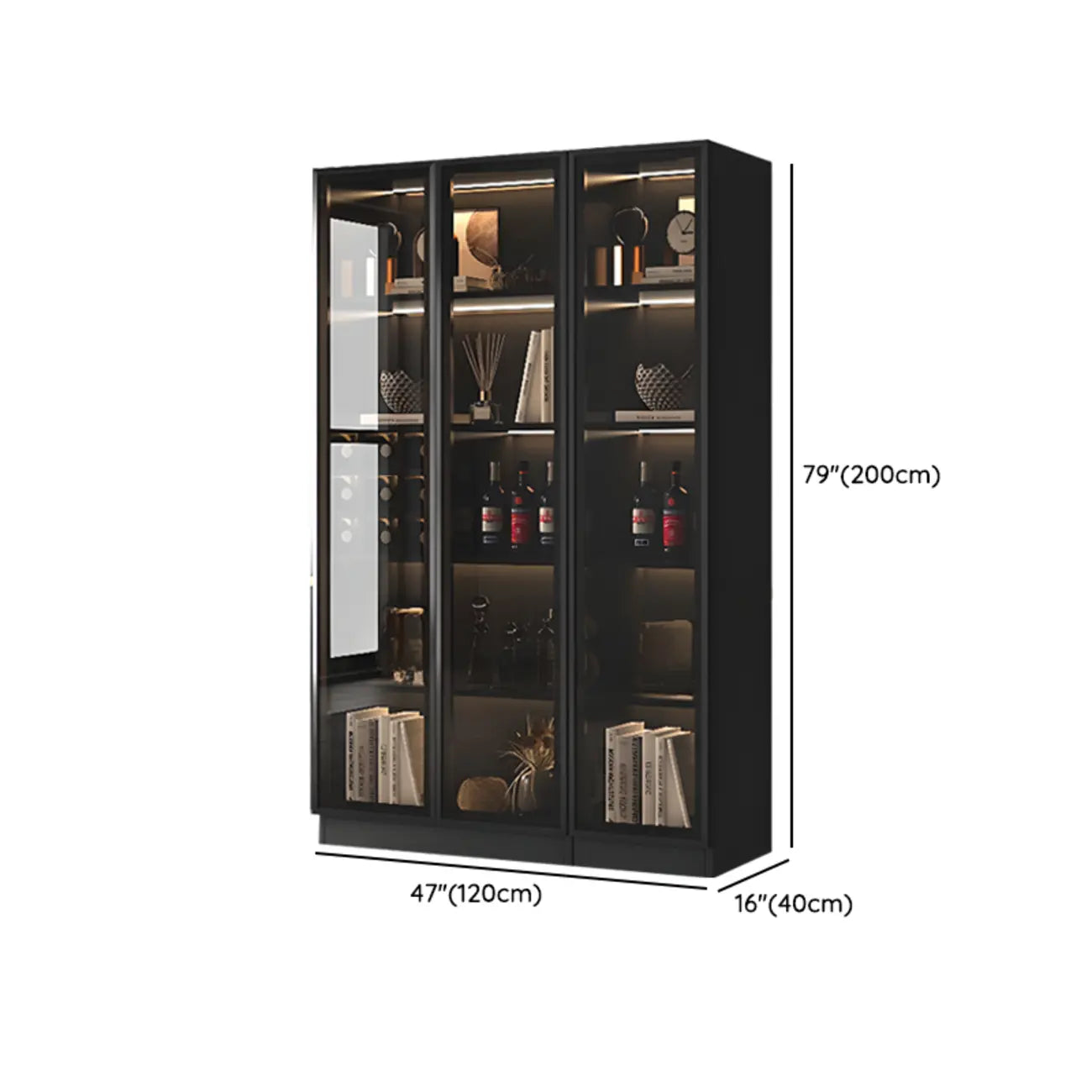 Large Modern Black Wood Wine Cabinet with Glass Doors