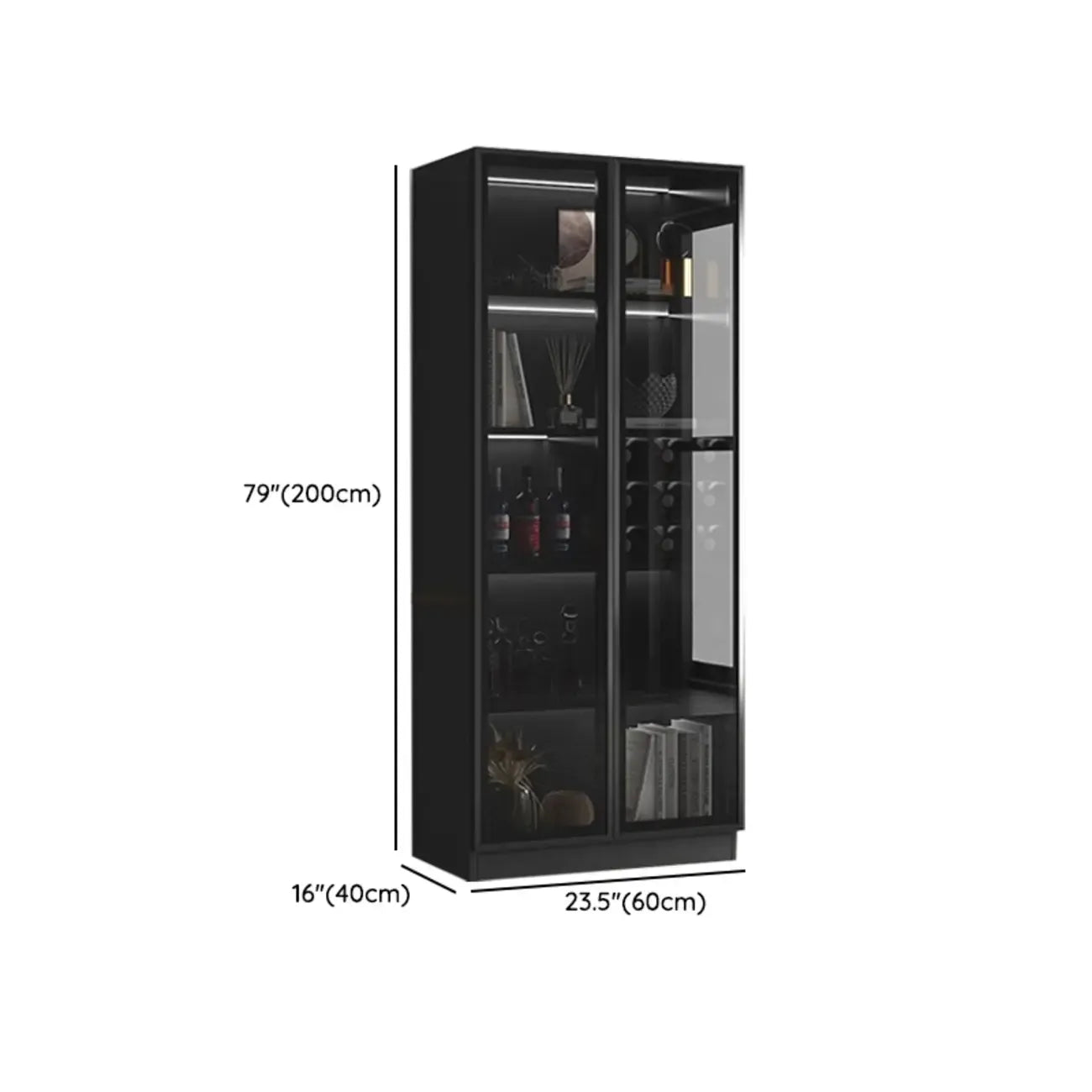 Large Modern Black Wood Wine Cabinet with Glass Doors