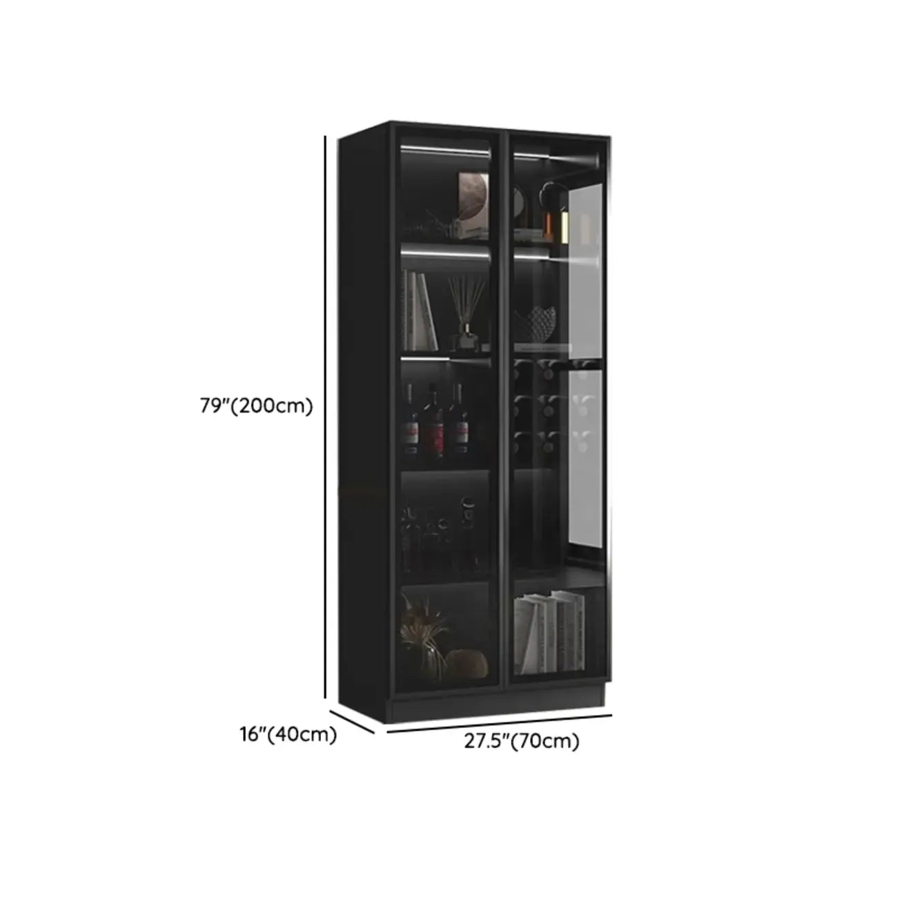 Large Modern Black Wood Wine Cabinet with Glass Doors