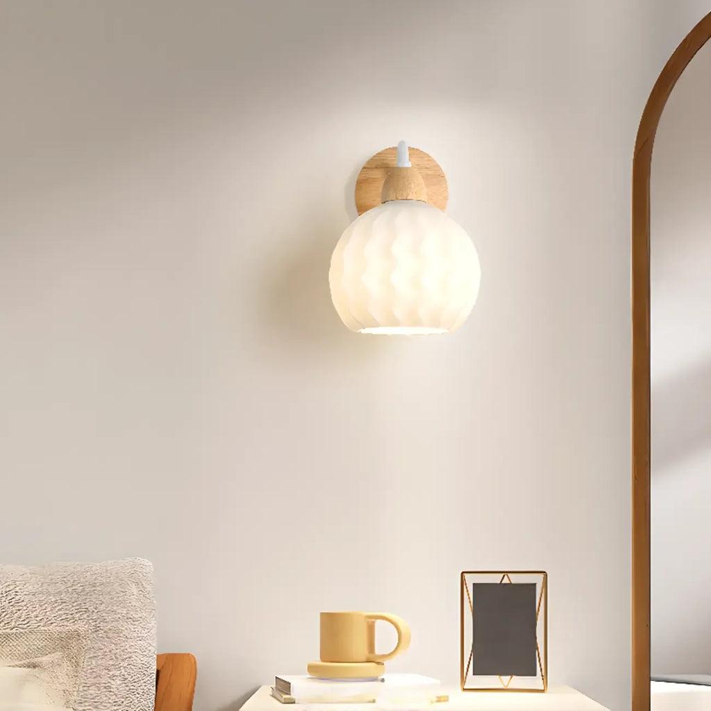 Modern White Tulip Wall Sconce with Wooden Base for Bedroom