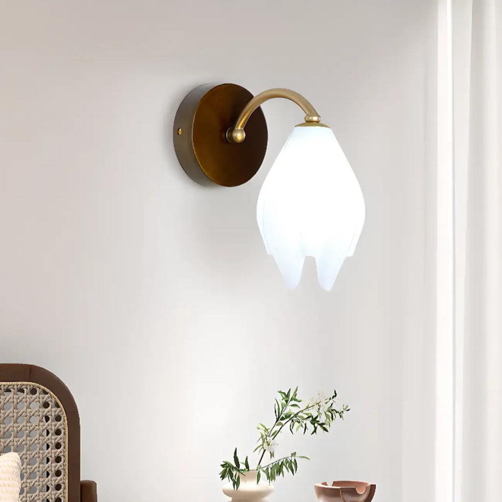 Modern White Tulip Wall Sconce with Wooden Base for Bedroom