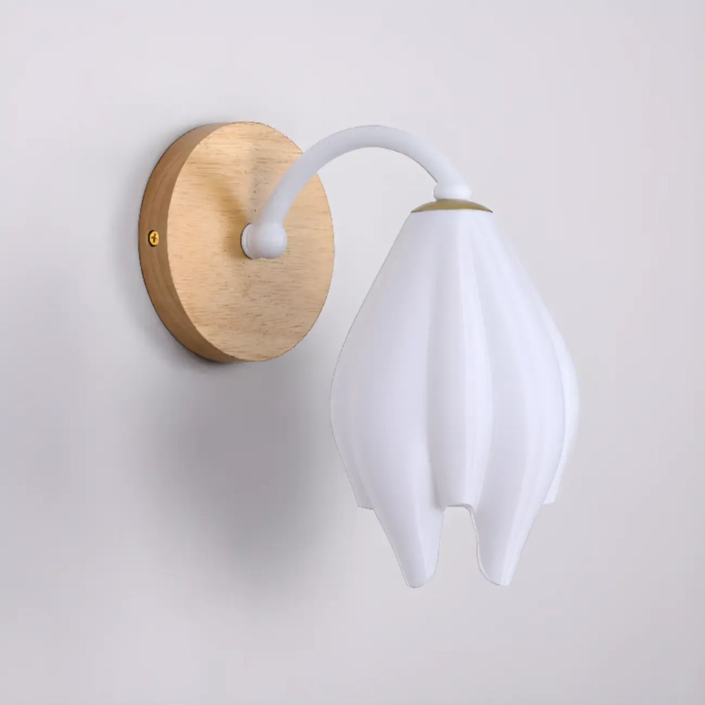 Modern White Tulip Wall Sconce with Wooden Base for Bedroom