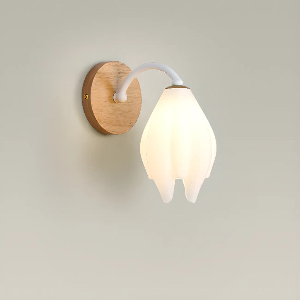 Modern White Tulip Wall Sconce with Wooden Base for Bedroom