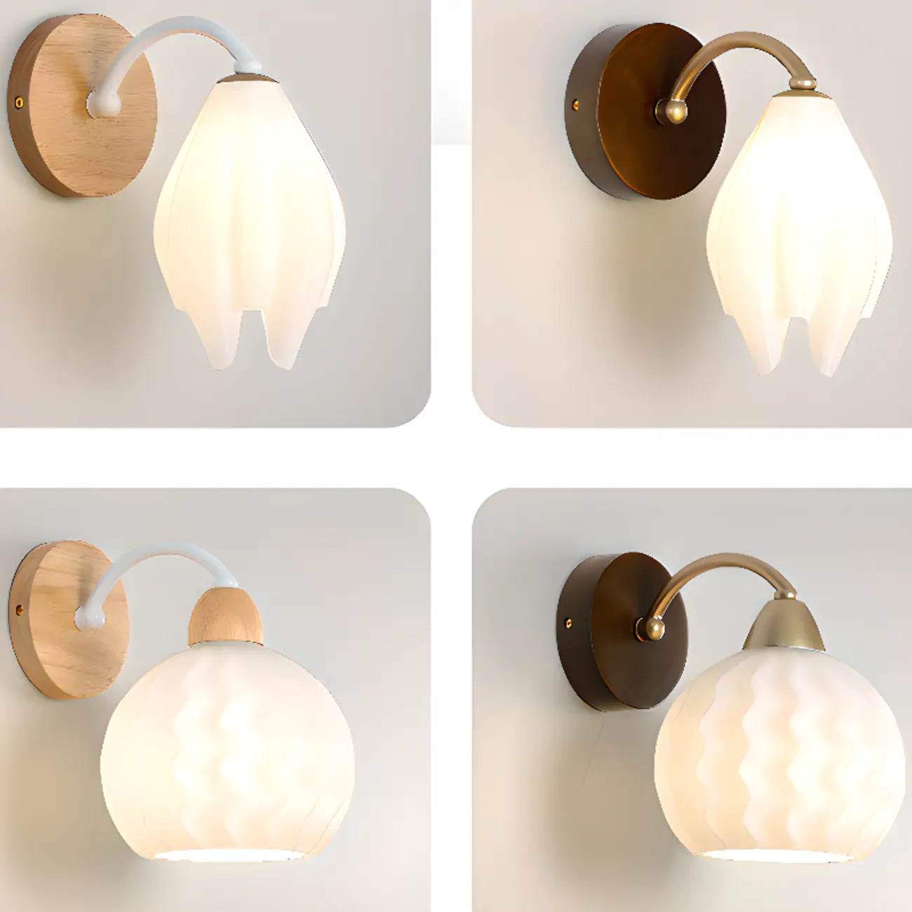 Modern White Tulip Wall Sconce with Wooden Base for Bedroom