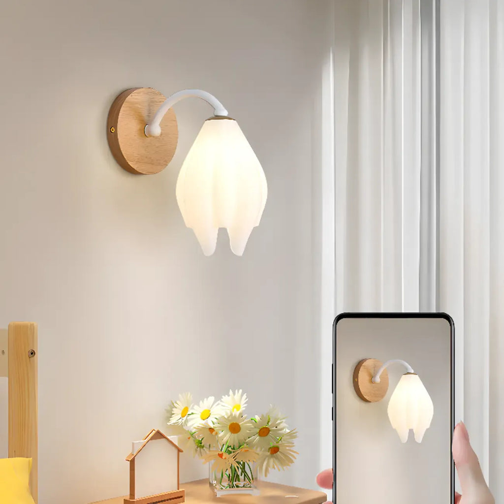 Modern White Tulip Wall Sconce with Wooden Base for Bedroom