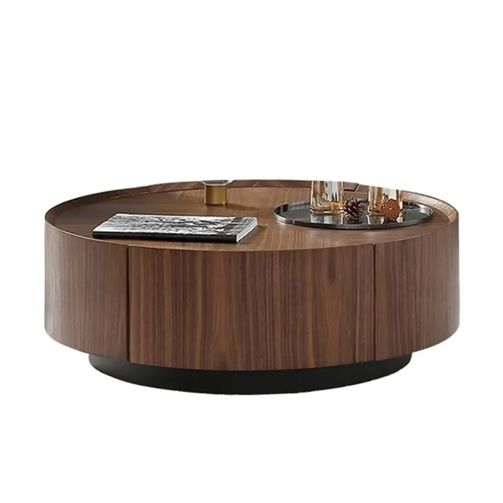 Round Wooden and Abstract Metal Coffee Table with Drawer
