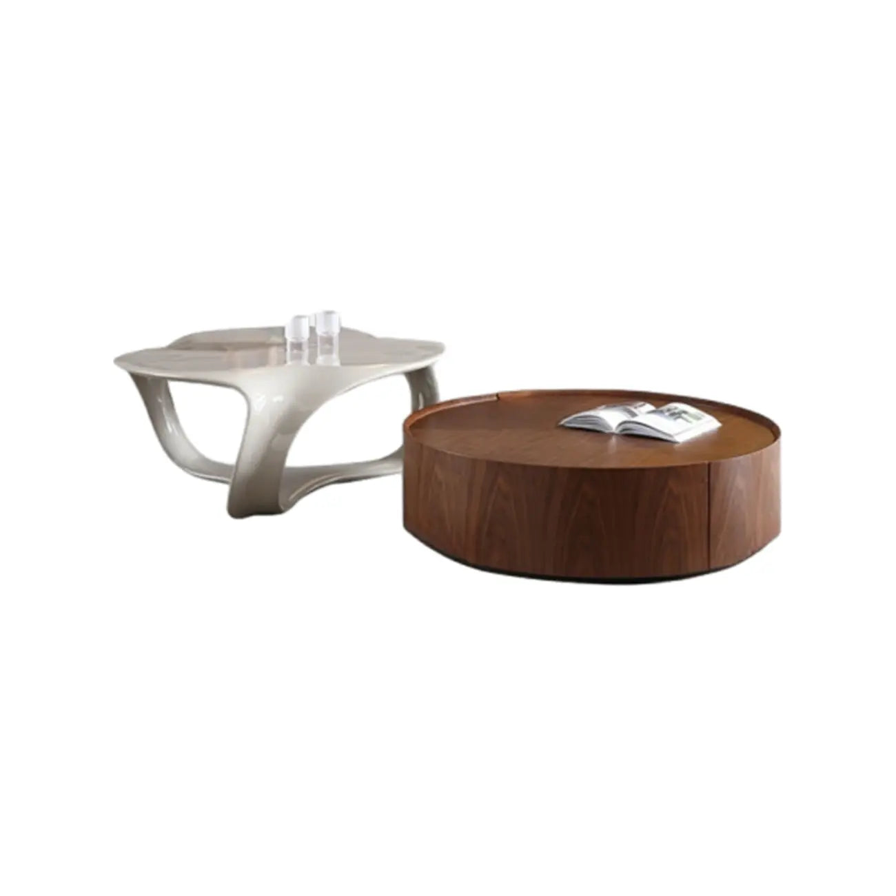 Round Wooden and Abstract Metal Coffee Table with Drawer