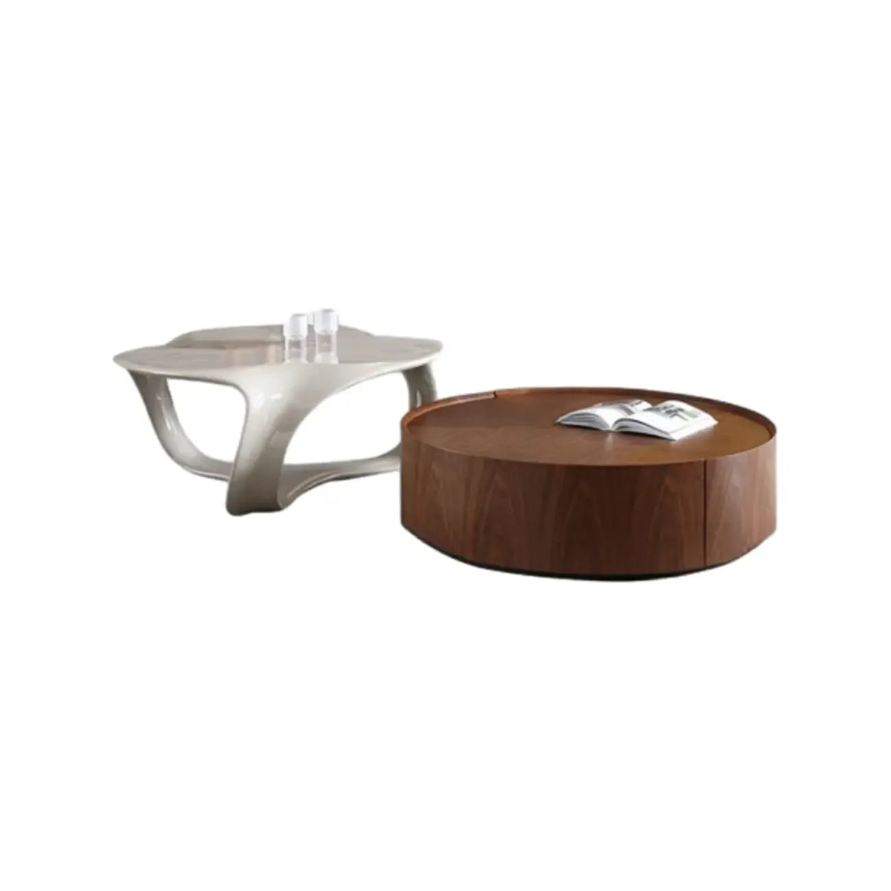 Round Wooden and Abstract Metal Coffee Table with Drawer