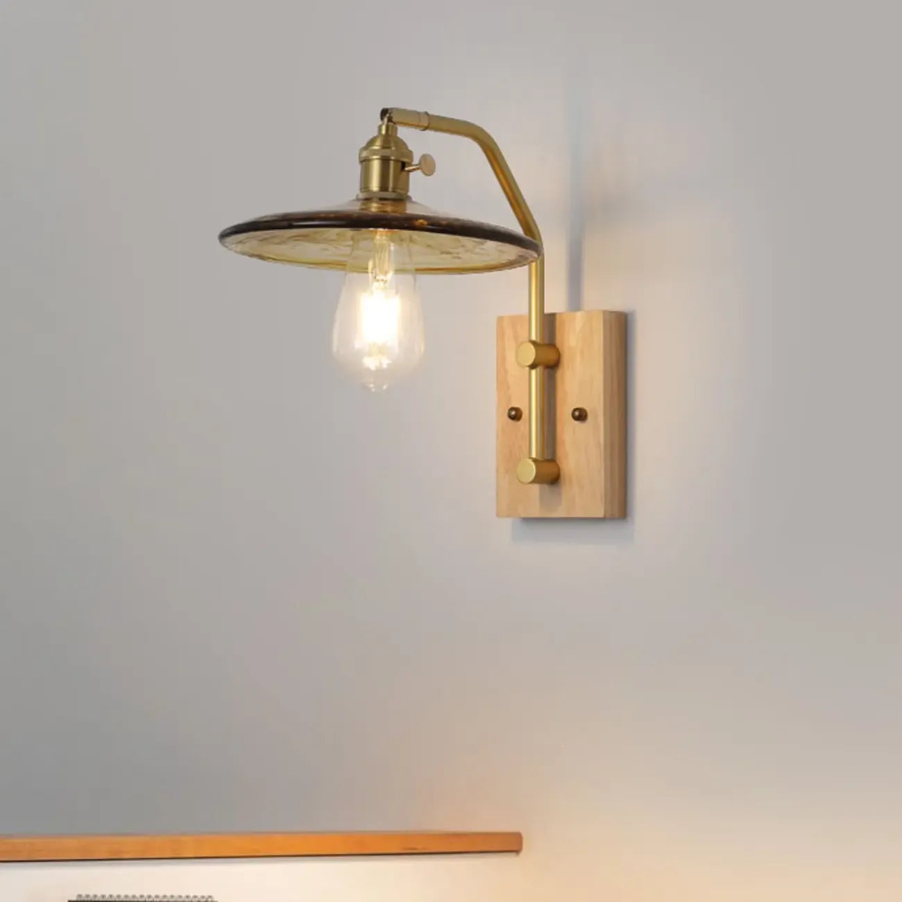 Industrial Indoor Wall Sconce with Shelf and Brass Finish