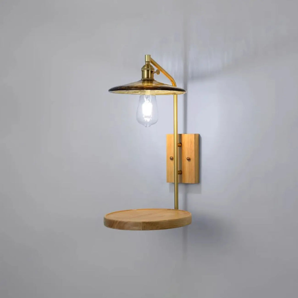 Industrial Indoor Wall Sconce with Shelf and Brass Finish