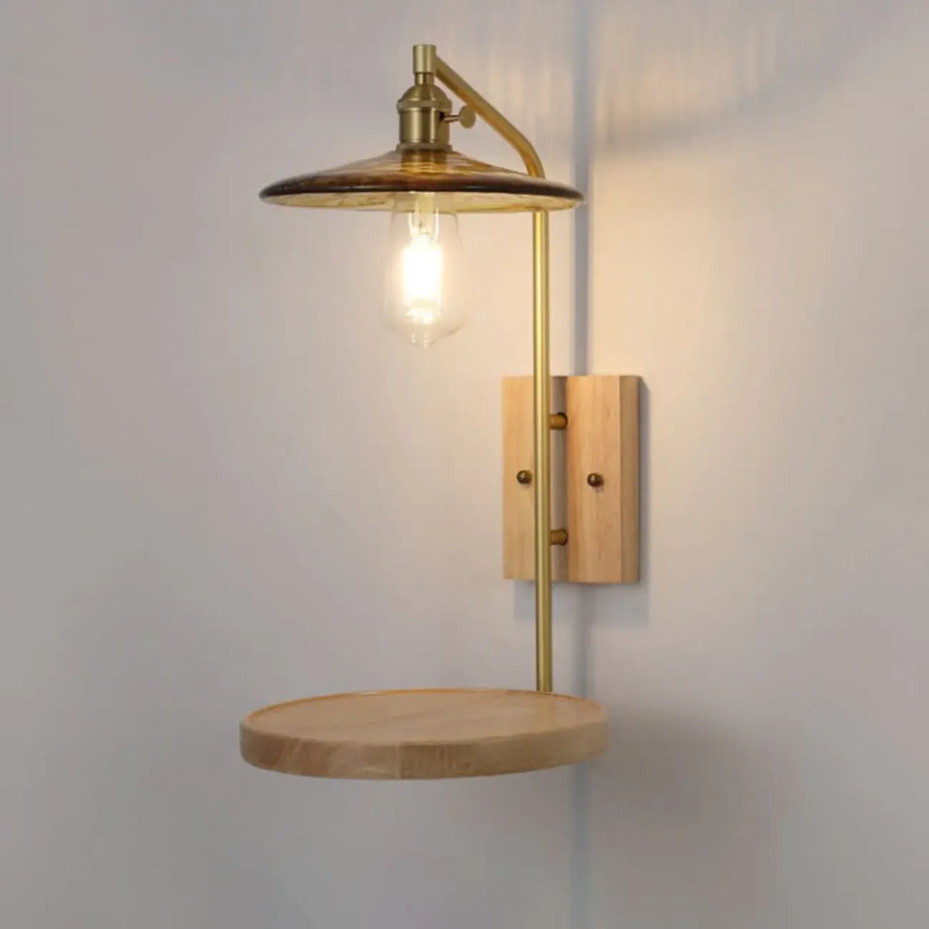 Industrial Indoor Wall Sconce with Shelf and Brass Finish