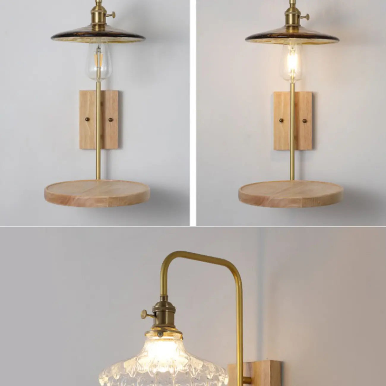Industrial Indoor Wall Sconce with Shelf and Brass Finish