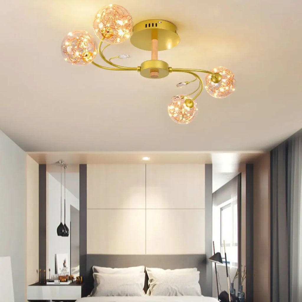 Crystal Globe Shade Gold Semi Flush Mount Light 3-Gear Dimming