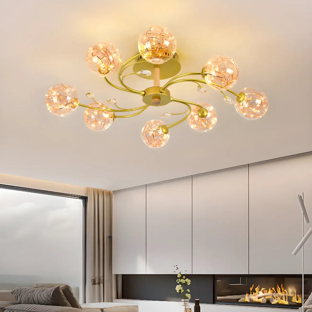 Crystal Globe Shade Gold Semi Flush Mount Light 3-Gear Dimming