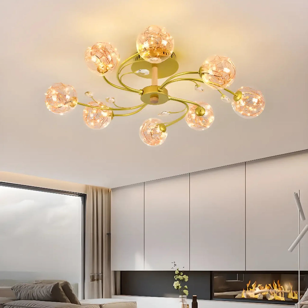 Crystal Globe Shade Gold Semi Flush Mount Light 3-Gear Dimming