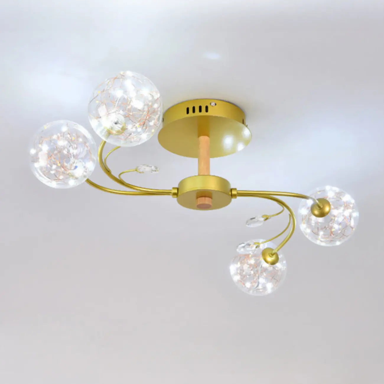 Crystal Globe Shade Gold Semi Flush Mount Light 3-Gear Dimming