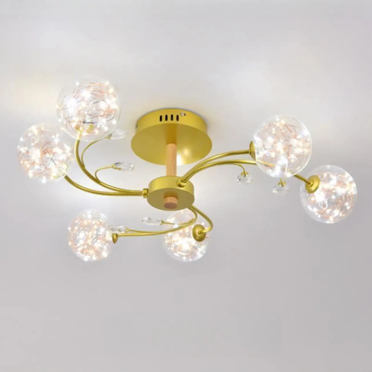 Crystal Globe Shade Gold Semi Flush Mount Light 3-Gear Dimming