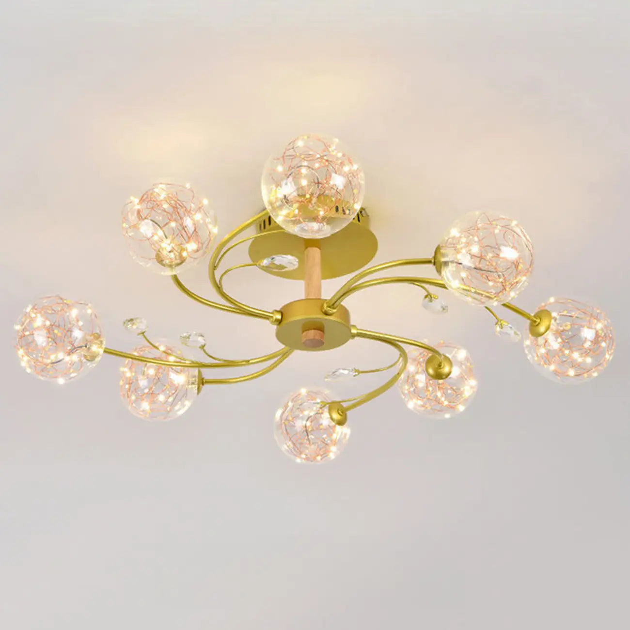 Crystal Globe Shade Gold Semi Flush Mount Light 3-Gear Dimming