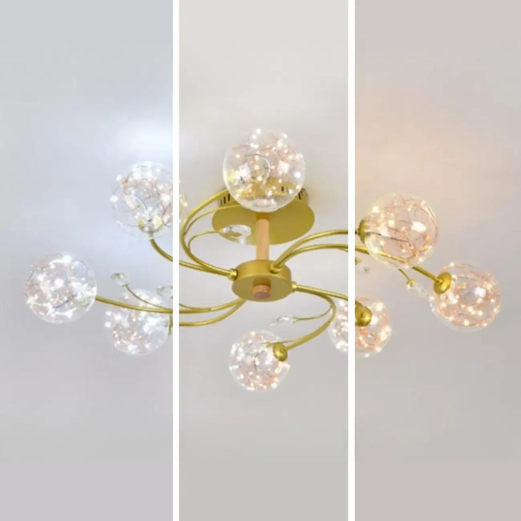 Crystal Globe Shade Gold Semi Flush Mount Light 3-Gear Dimming