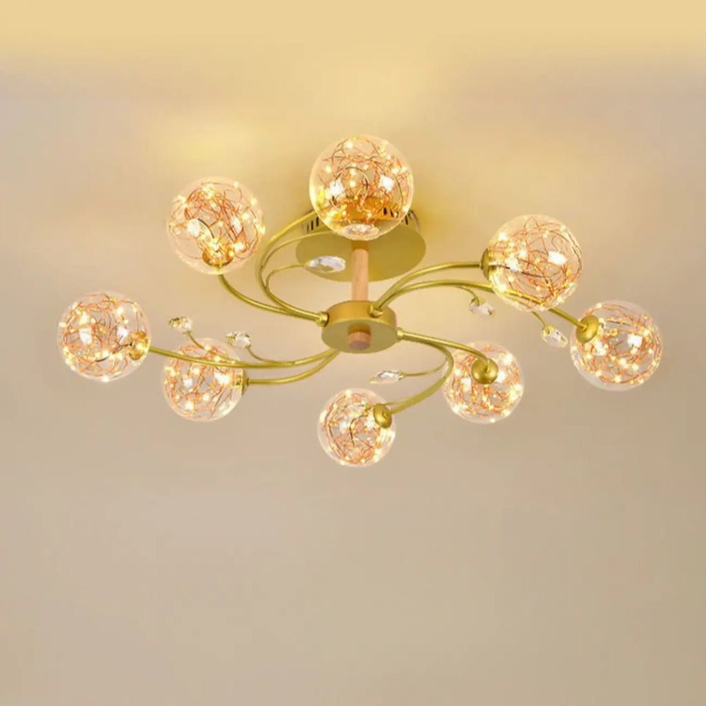 Crystal Globe Shade Gold Semi Flush Mount Light 3-Gear Dimming