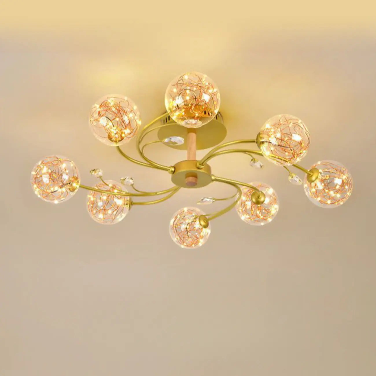 Crystal Globe Shade Gold Semi Flush Mount Light 3-Gear Dimming