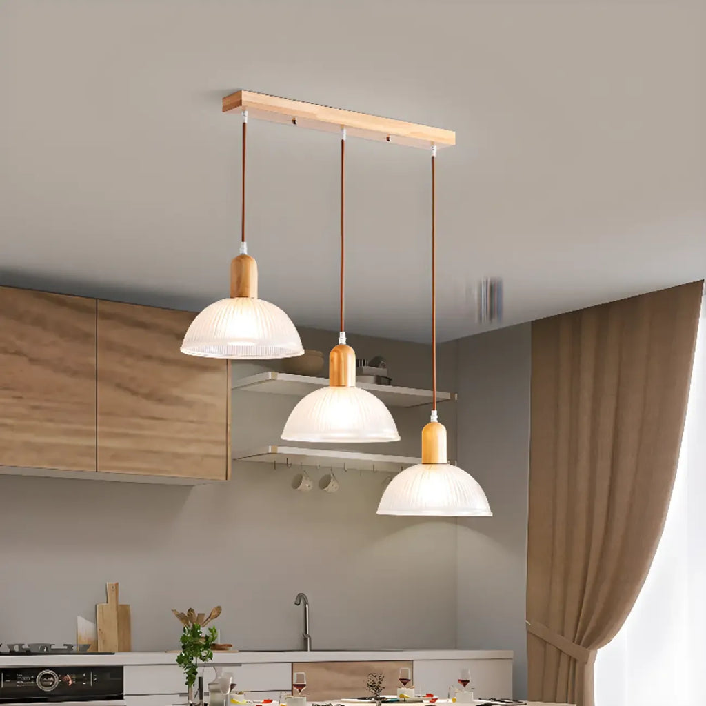 Adjustable Glass Dome Wooden Island Pendant Light  for Kitchen